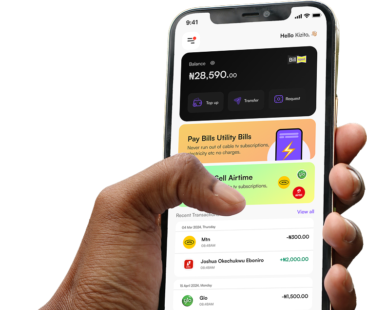 Billspot mobile app interface displayed on a smartphone